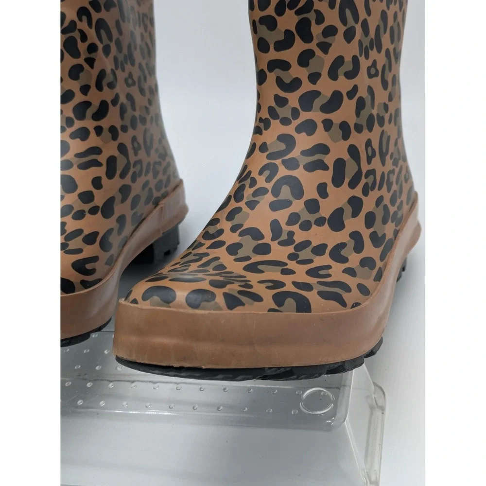 Girls Leopard Print Rain Boots Size 3 Brown Pink Waterproof Mid Calf Boots